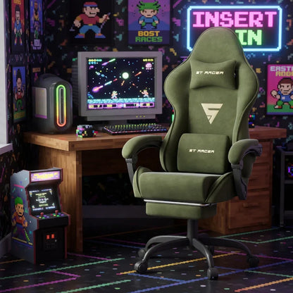 Olive green gaming chair with 'ST RACER' logo in retro 8-bit gaming room with arcade machine and neon sign