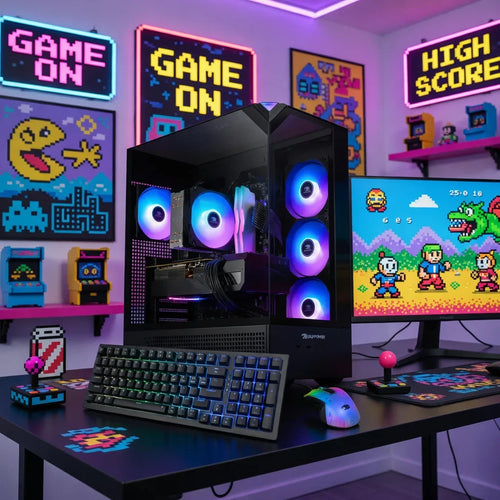Retro gaming setup with RGB PC, mechanical keyboard, RGB mouse, arcade joystick, and pixel art decor