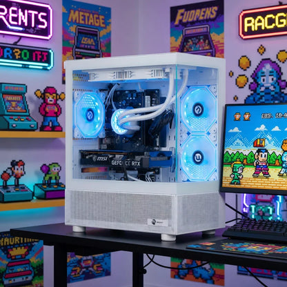 White gaming PC with RGB fans and GeForce RTX graphics card, set in retro 8-bit room