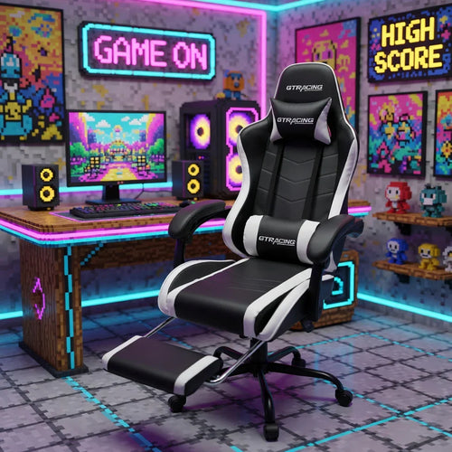 Ergonomic gaming chair in a retro 8-bit themed gaming room with neon lights and pixel art.