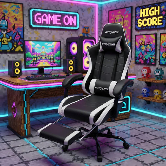 Ergonomic gaming chair in a retro 8-bit themed gaming room with neon lights and pixel art.