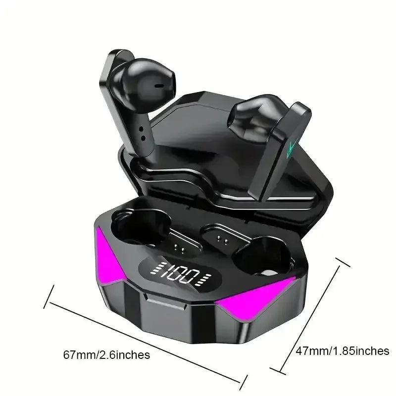 Black wireless earbuds with digital charging case, LED display, and pink accents, dimensions shown.