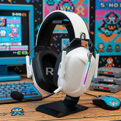 White gaming headset with RGB lighting and microphone on a desk, retro 8-bit gaming setup in background