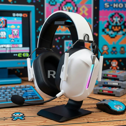White gaming headset with RGB lighting and microphone on a desk, retro 8-bit gaming setup in background