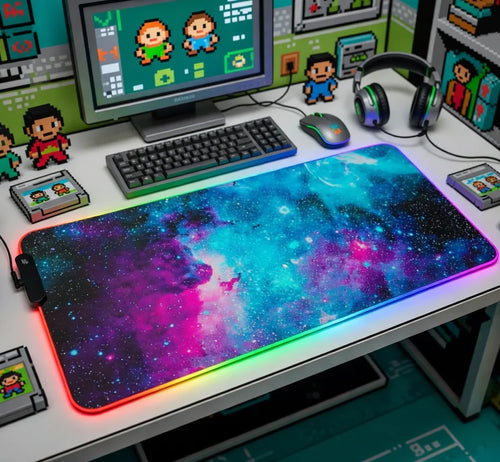 RGB galaxy gaming mouse pad on desk with keyboard, mouse, headset, and retro 8-bit decor