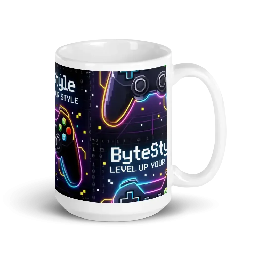 White ceramic mug with neon gaming controllers and ByteStyle text Level Up Your Style