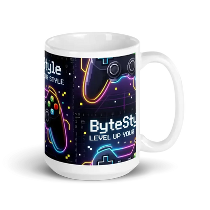 White ceramic mug with neon gaming controllers and ByteStyle text Level Up Your Style