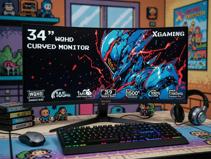 34-inch curved WQHD gaming monitor with pixel art background, RGB keyboard, mouse, and headset.