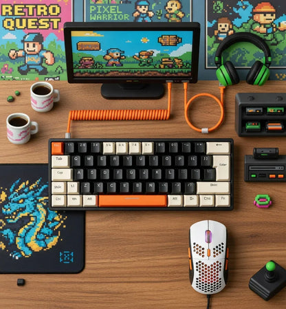 Lexonelec T60PRO 60% Mechanical Keyboard & Mouse Combo | Coiled USB-C Cable | RGB LED Backlit | Clicky Blue Switches | 6400 DPI Programmable Mouse | Gray & Orange