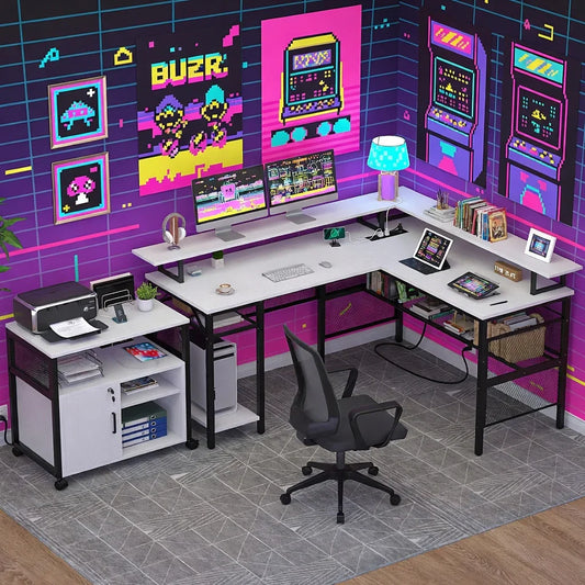 Modern gaming setup with L-shaped desk, dual monitors, 8-bit pixel art wall decor, and accessories.