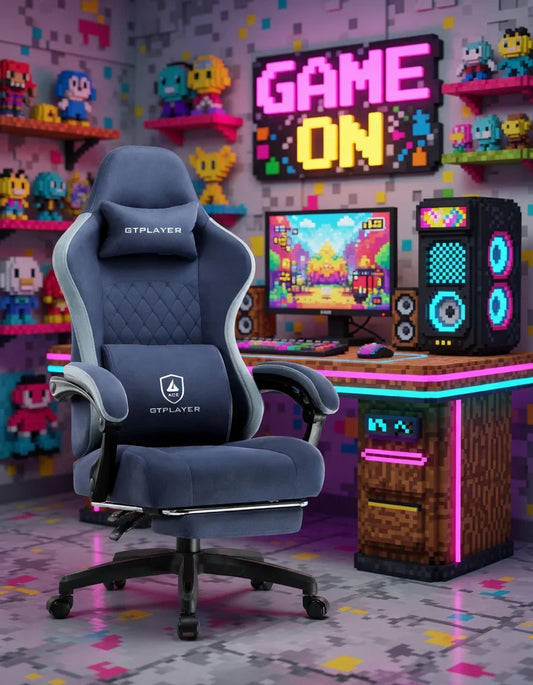 GTPLAYER gaming chair in retro 8-bit themed gaming setup with pixel art decor and PC
