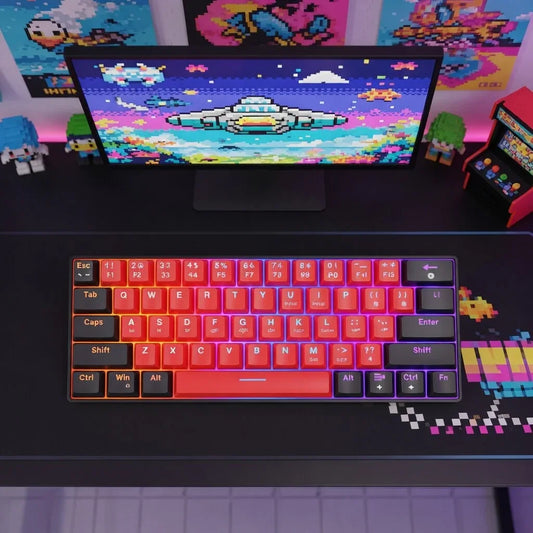 Retro 8-bit gaming setup with RGB keyboard, pixel art monitor, and arcade decor