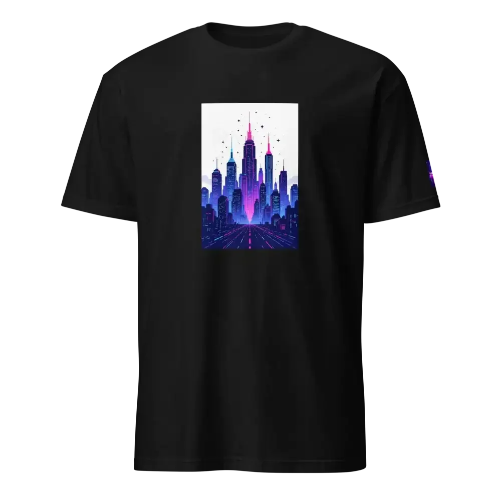 Black t-shirt with neon cityscape graphic, futuristic skyline, cyberpunk street art design