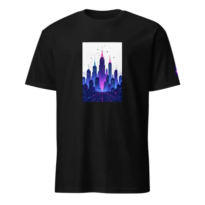 Black t-shirt with neon cityscape graphic, futuristic skyline, cyberpunk street art design