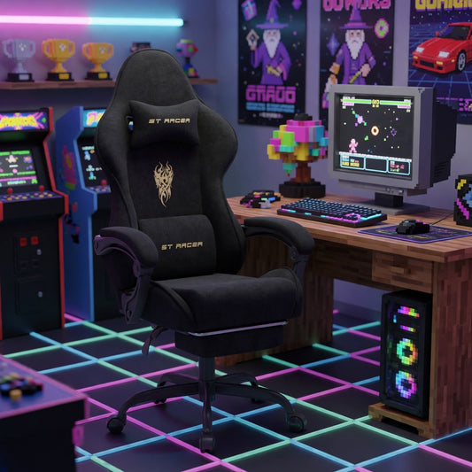 GTRACER Velvet Fabric Gaming Chair | High-Back | Footrest | Headrest | Massage Lumbar Support
