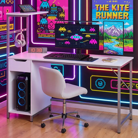 Retro gaming desk setup with RGB PC, white chair, LED wall art, and 8-bit decor