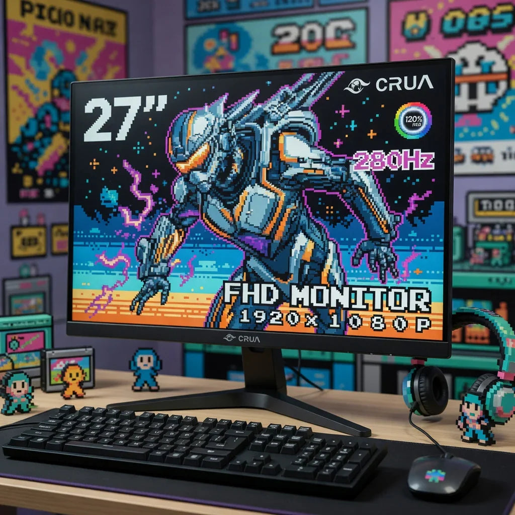 27-inch gaming monitor with pixel art robot, keyboard, mouse, and retro gaming setup