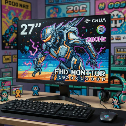 27-inch gaming monitor with pixel art robot, keyboard, mouse, and retro gaming setup