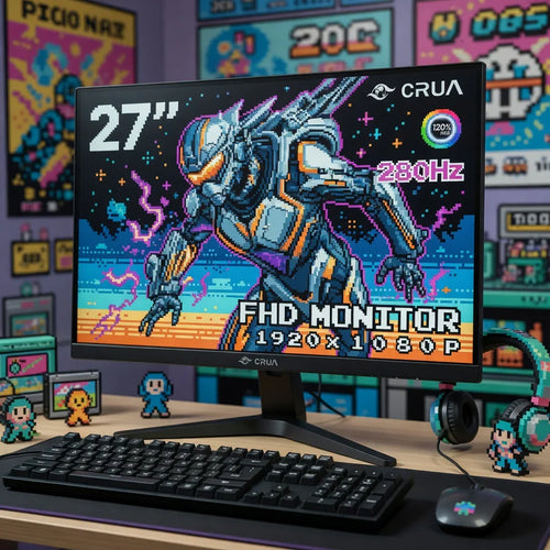 27-inch gaming monitor with pixel art robot, keyboard, mouse, and retro gaming setup