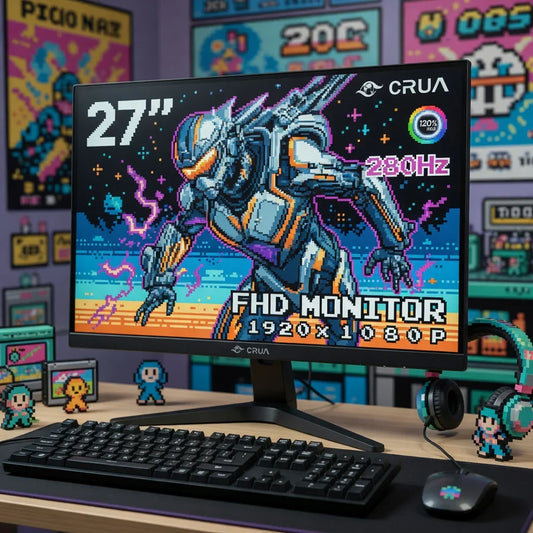 27-inch gaming monitor with pixel art robot, keyboard, mouse, and retro gaming setup