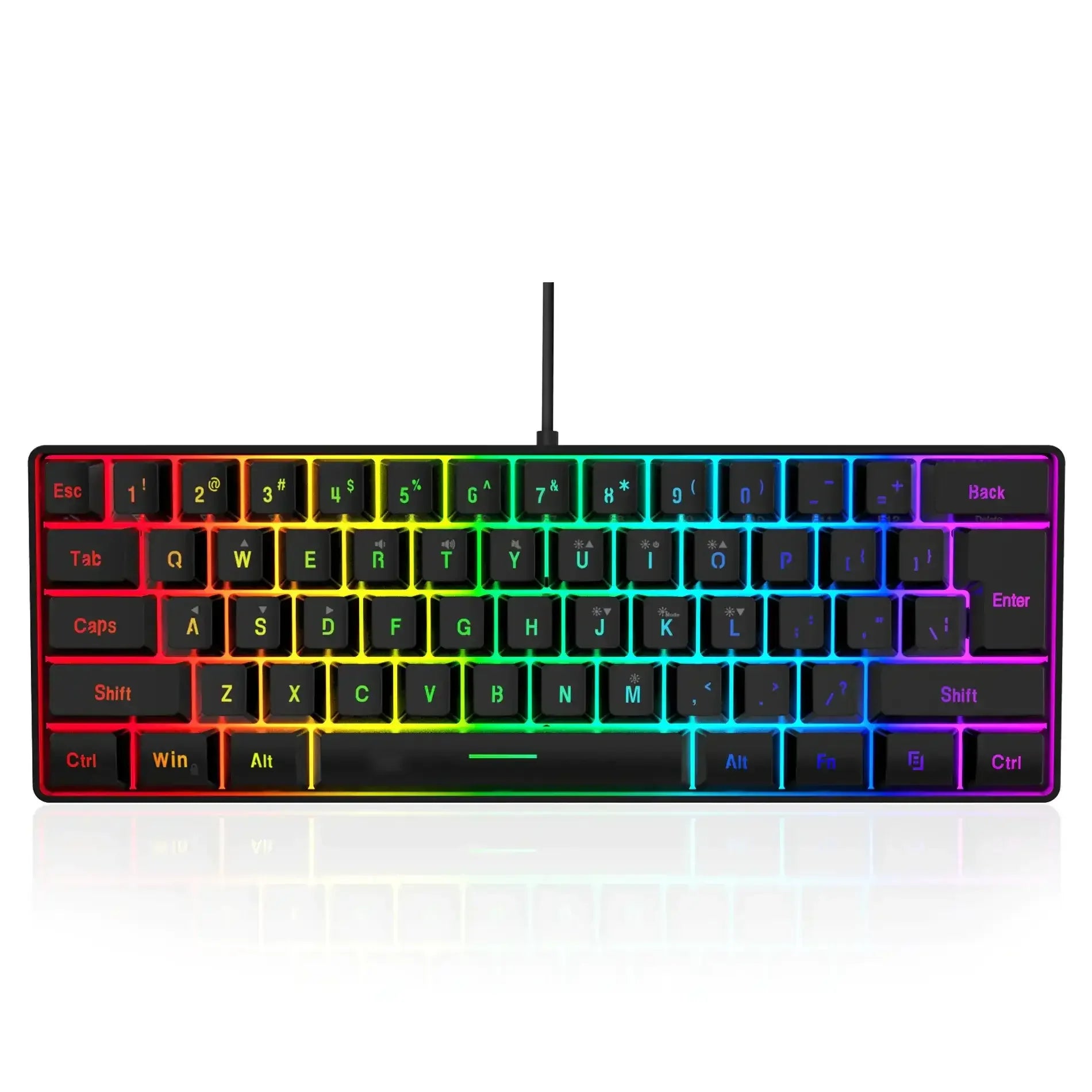 Compact wired gaming keyboard with customizable RGB backlit keys in rainbow colors and black frame