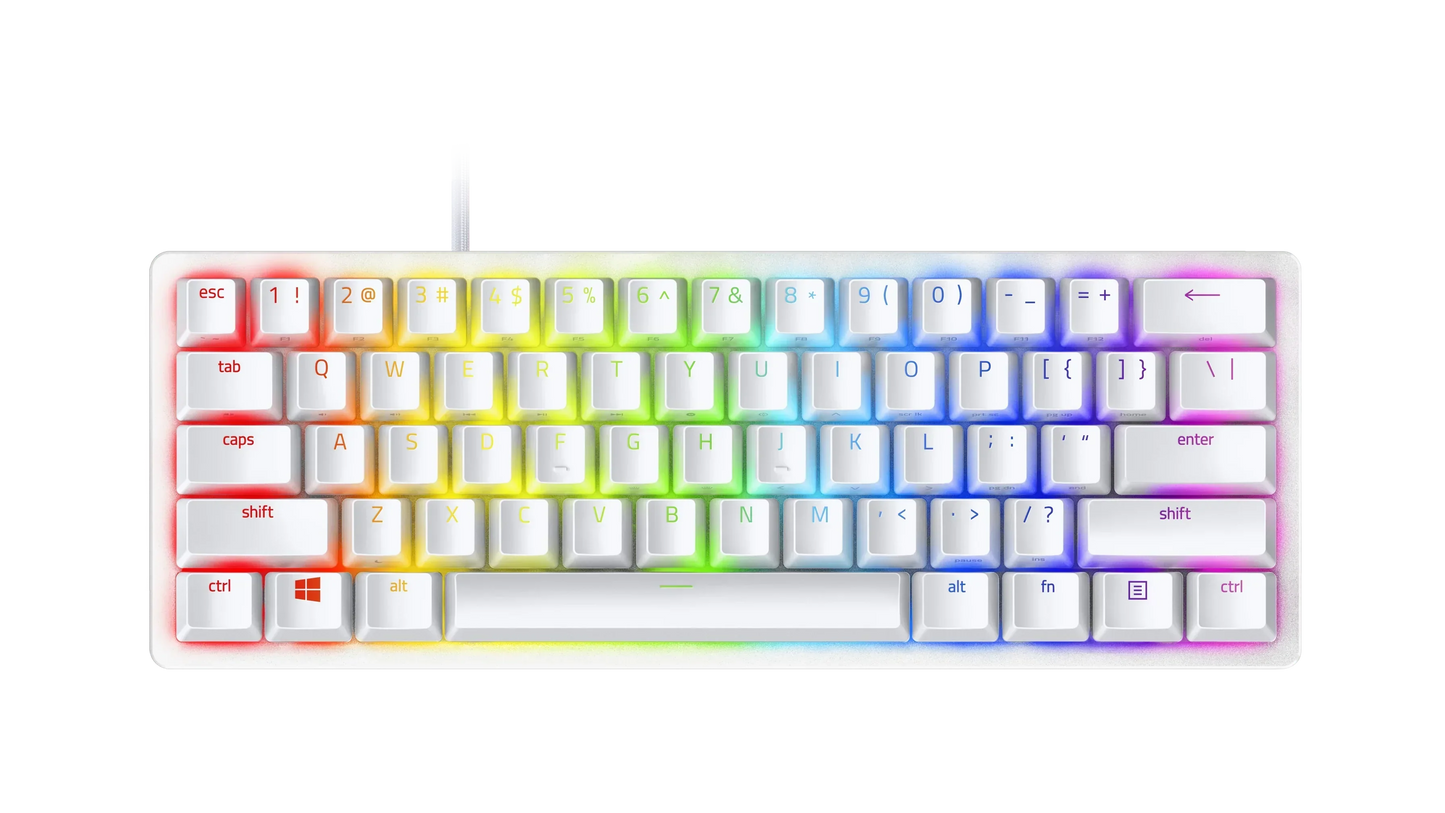 Razer Huntsman Mini 60 percent optical gaming keyboard in white with RGB backlighting, top view