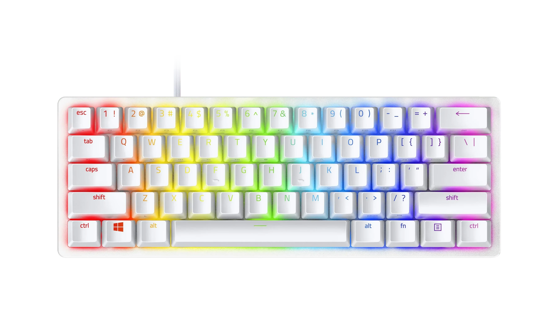 Razer Huntsman Mini 60 percent optical gaming keyboard in white with RGB backlighting, top view