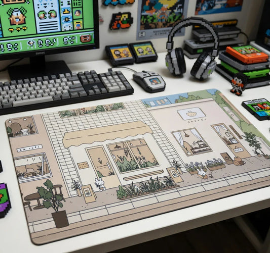 Retro gaming desk setup with 8-bit art mousepad, mechanical keyboard, and pixel decor