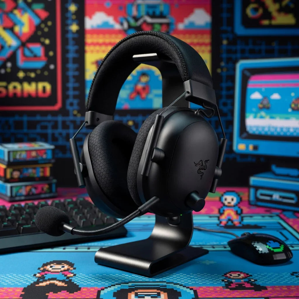 Black gaming headset with microphone on desk, surrounded by retro 8-bit gaming decor and gear.