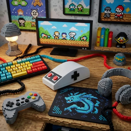 Retro 8-bit gaming setup with pixel art keyboard, mouse, gamepad, headset, and monitor