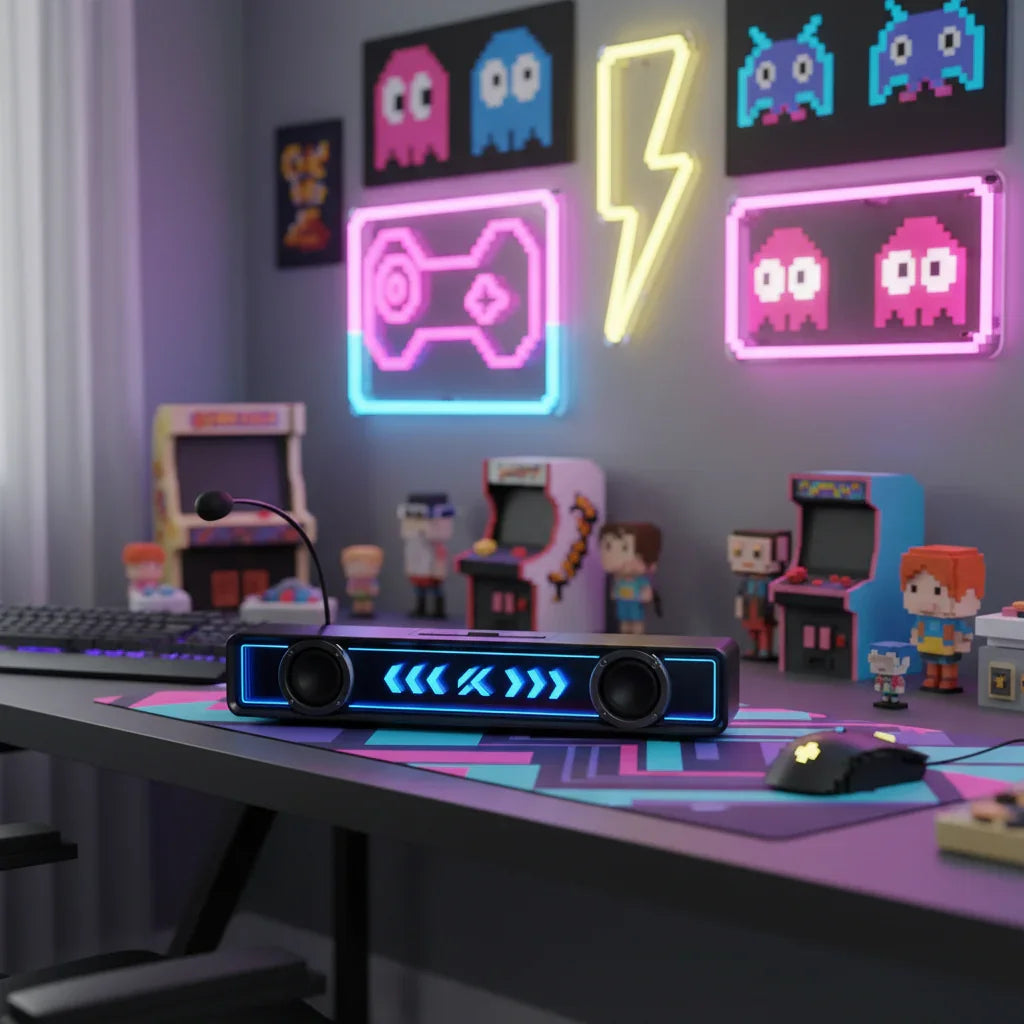 Retro gaming desk setup with neon pixel art, arcade figures, RGB speaker, and gaming peripherals