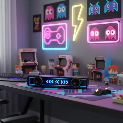 Retro gaming desk setup with neon pixel art, arcade figures, RGB speaker, and gaming peripherals