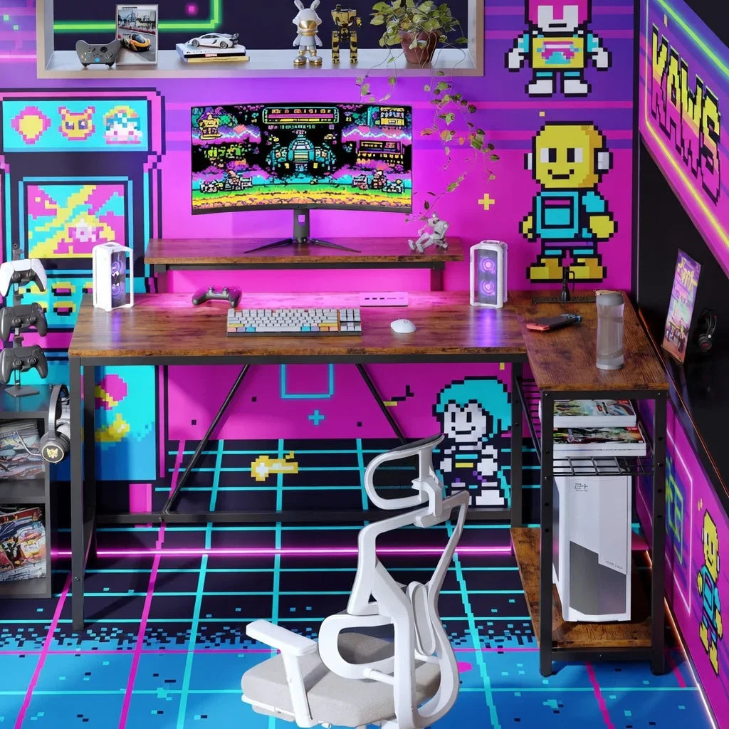 Retro 8-bit themed gaming setup with vibrant wall art, modern desk, and RGB accessories.