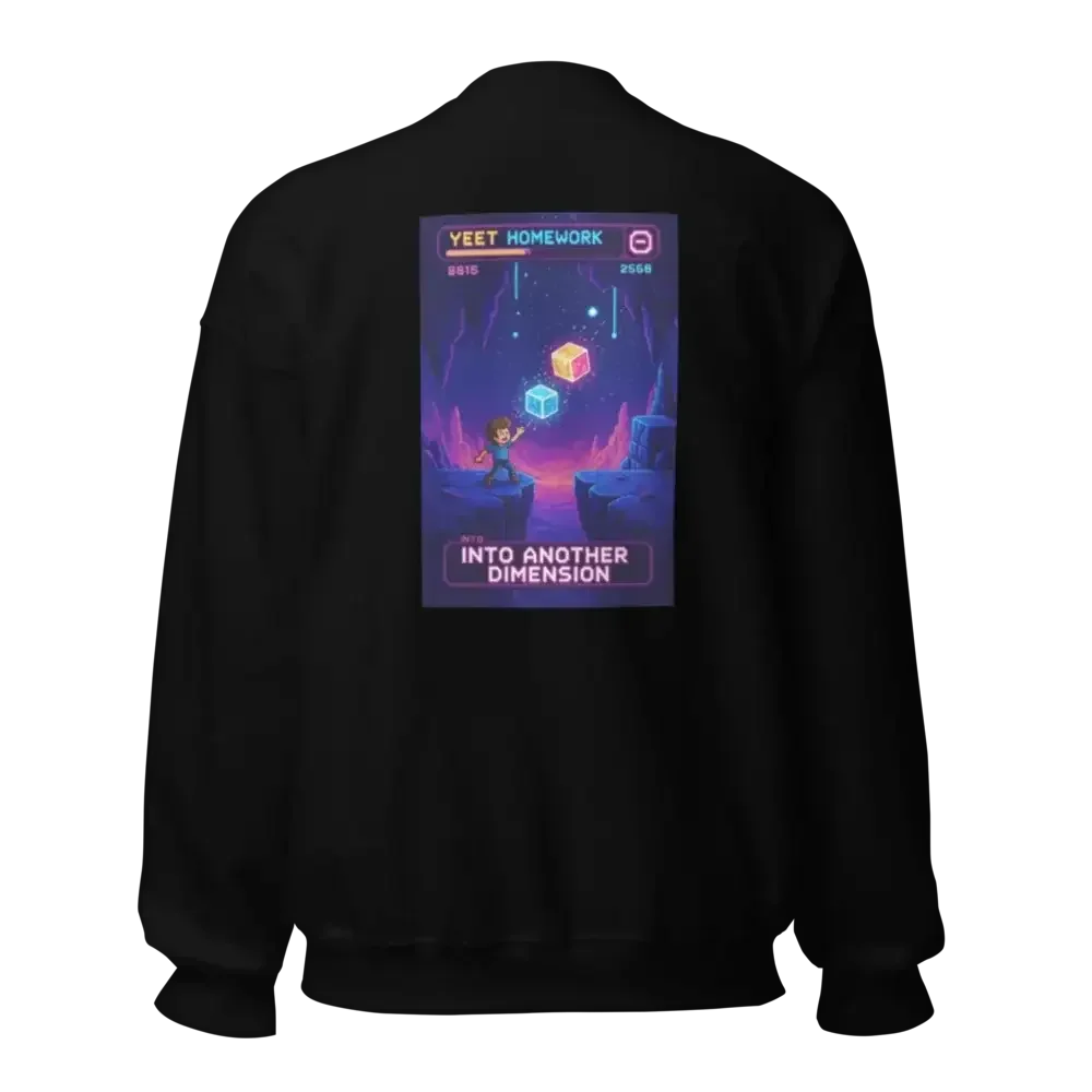 Black jacket with colorful gamer graphic, kid and cubes, text 'Into Another Dimension' on back