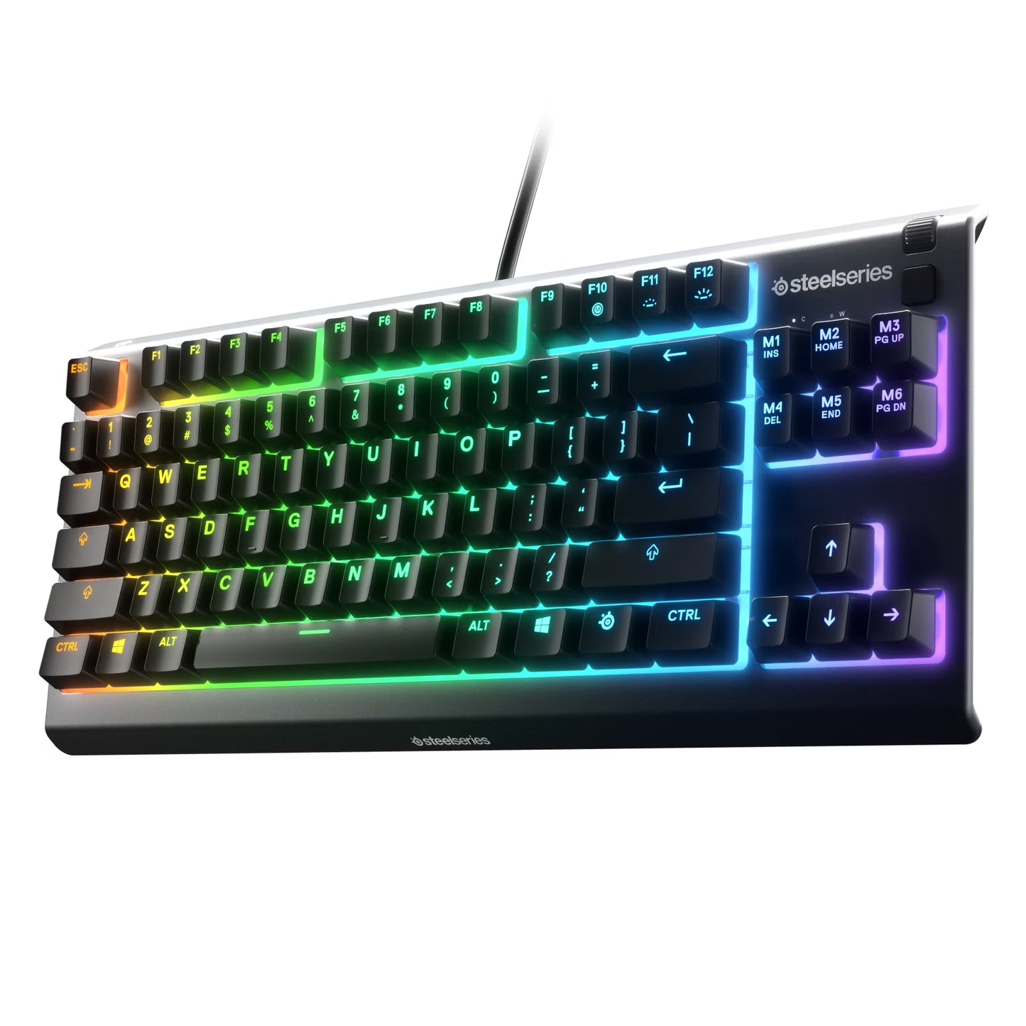 SteelSeries Apex 3 TKL RGB gaming keyboard with colorful backlit keys, tenkeyless design