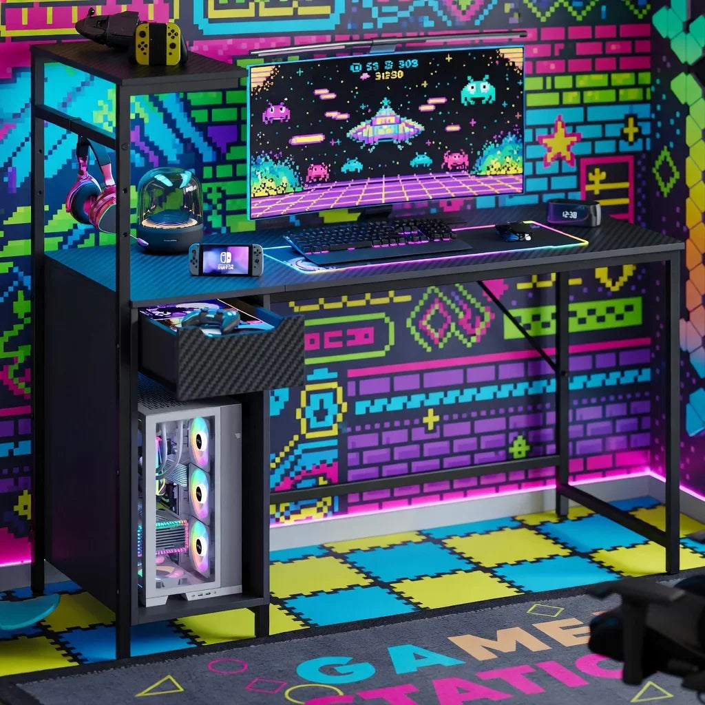 Retro gaming desk setup with RGB PC, 8-bit themed wallpaper, keyboard, and gaming gear
