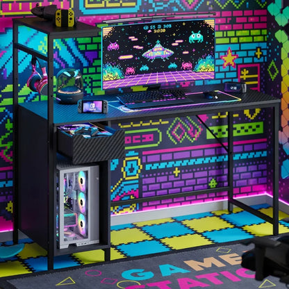 Retro gaming desk setup with RGB PC, 8-bit themed wallpaper, keyboard, and gaming gear