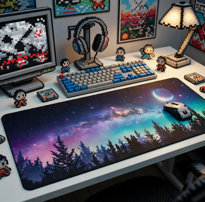 Retro 8-bit gaming desk setup with pixel keyboard, mouse, headset, and galaxy mouse pad