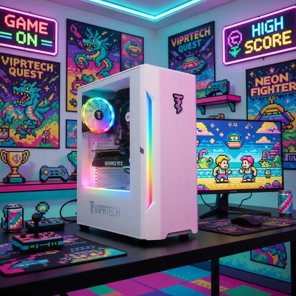 White gaming PC with RGB lighting in a vibrant retro 8-bit themed gaming setup