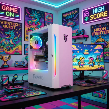 White gaming PC with RGB lighting in a vibrant retro 8-bit themed gaming setup