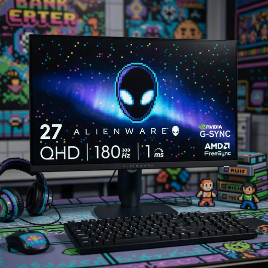 Alienware 27-inch gaming monitor with QHD, 180Hz, 1ms response, retro gaming setup