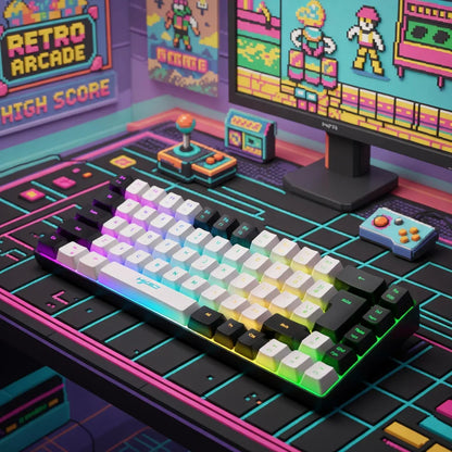 RGB mechanical keyboard on a retro gaming desk with 8-bit arcade decor and neon colors