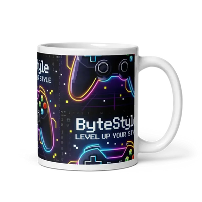 White ceramic mug with neon-style video game controllers and text ByteStyle Level Up Your Style