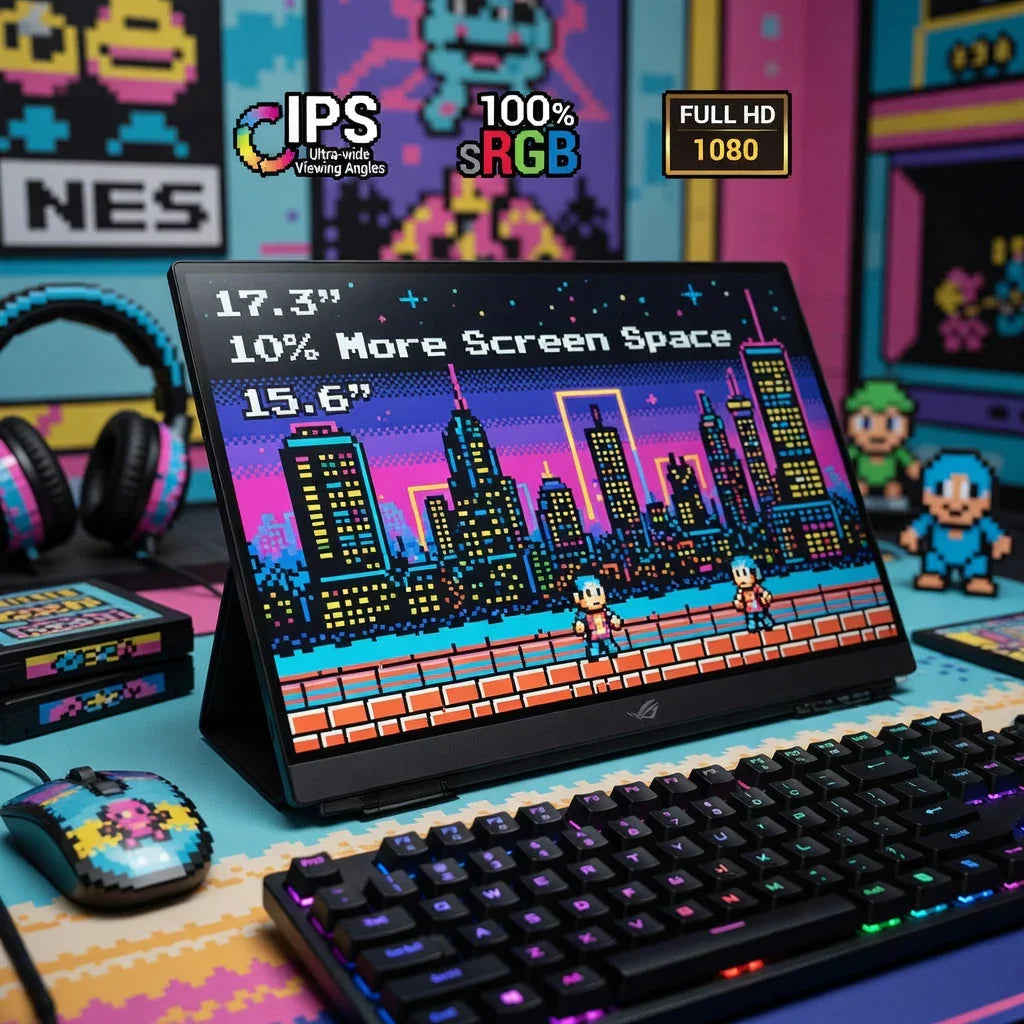 Retro 8-bit gaming setup with RGB keyboard, headphones, mouse, and a portable IPS monitor.