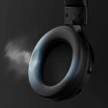Black gaming headset with blue mesh earcup detail, sleek design for immersive audio experience