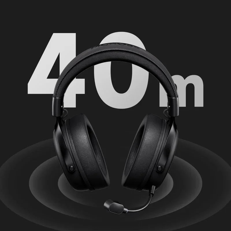 Black wireless gaming headset with 40m range, featuring mic and sleek design for immersive PC gaming