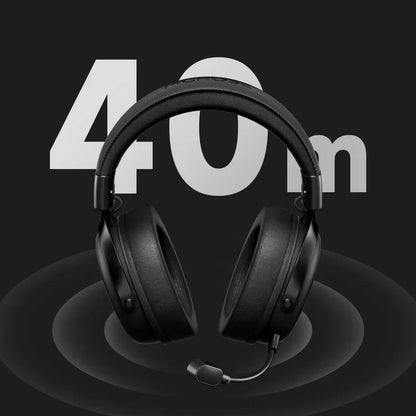 Black wireless gaming headset with 40m range, featuring mic and sleek design for immersive PC gaming