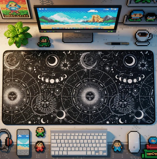 Gaming desk setup with a large celestial zodiac desk mat, pixel art decor, and computer monitor