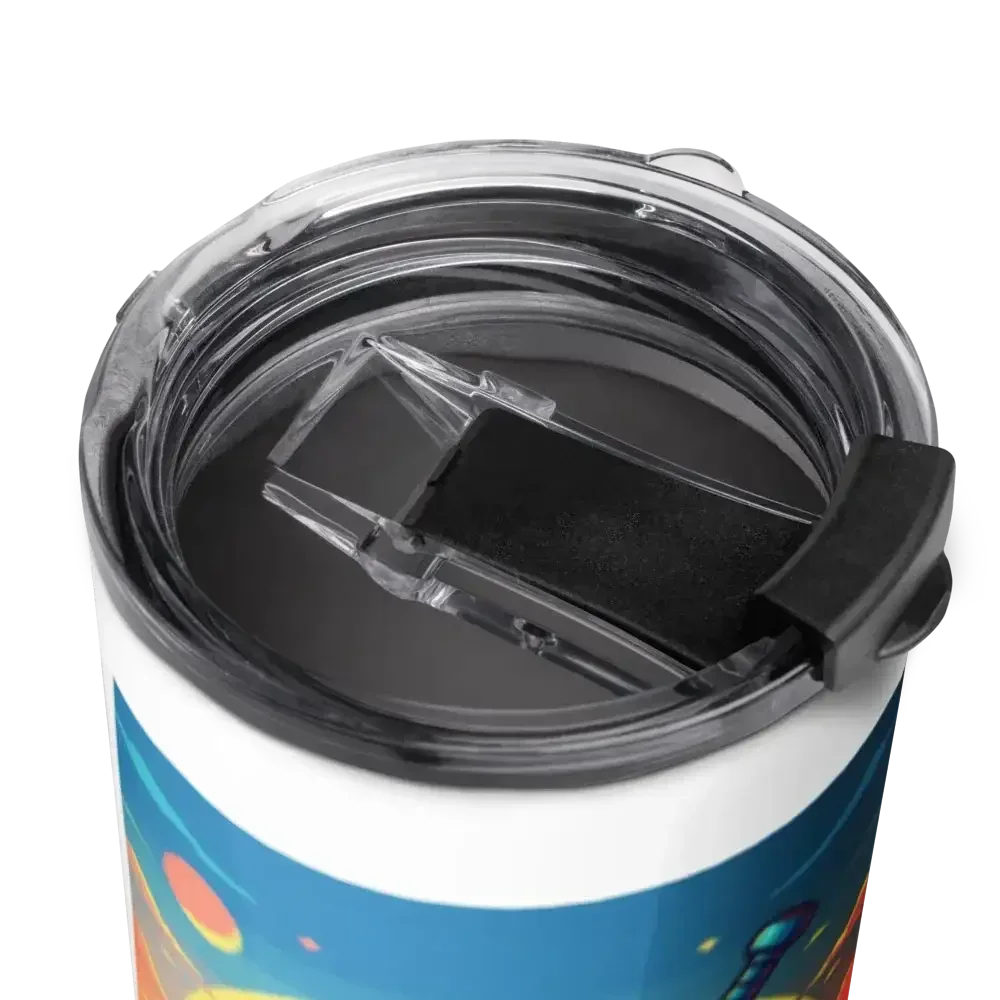Close-up of a colorful insulated tumbler with a clear, sliding plastic lid and black locking clasp
