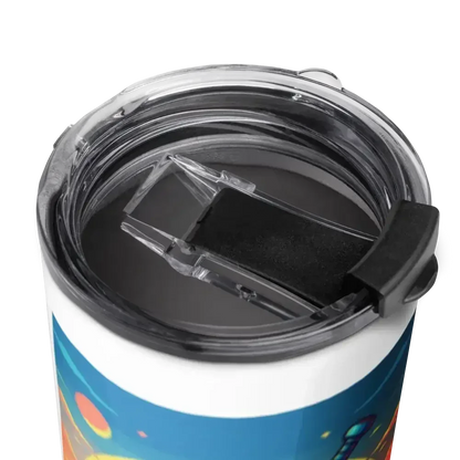 Close-up of a colorful insulated tumbler with a clear, sliding plastic lid and black locking clasp